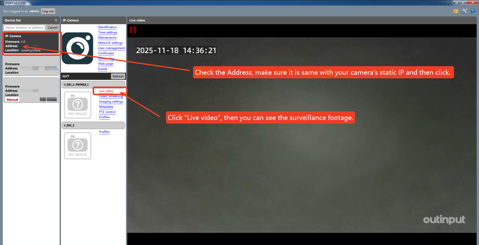 Live video in ONVIF Device Manager